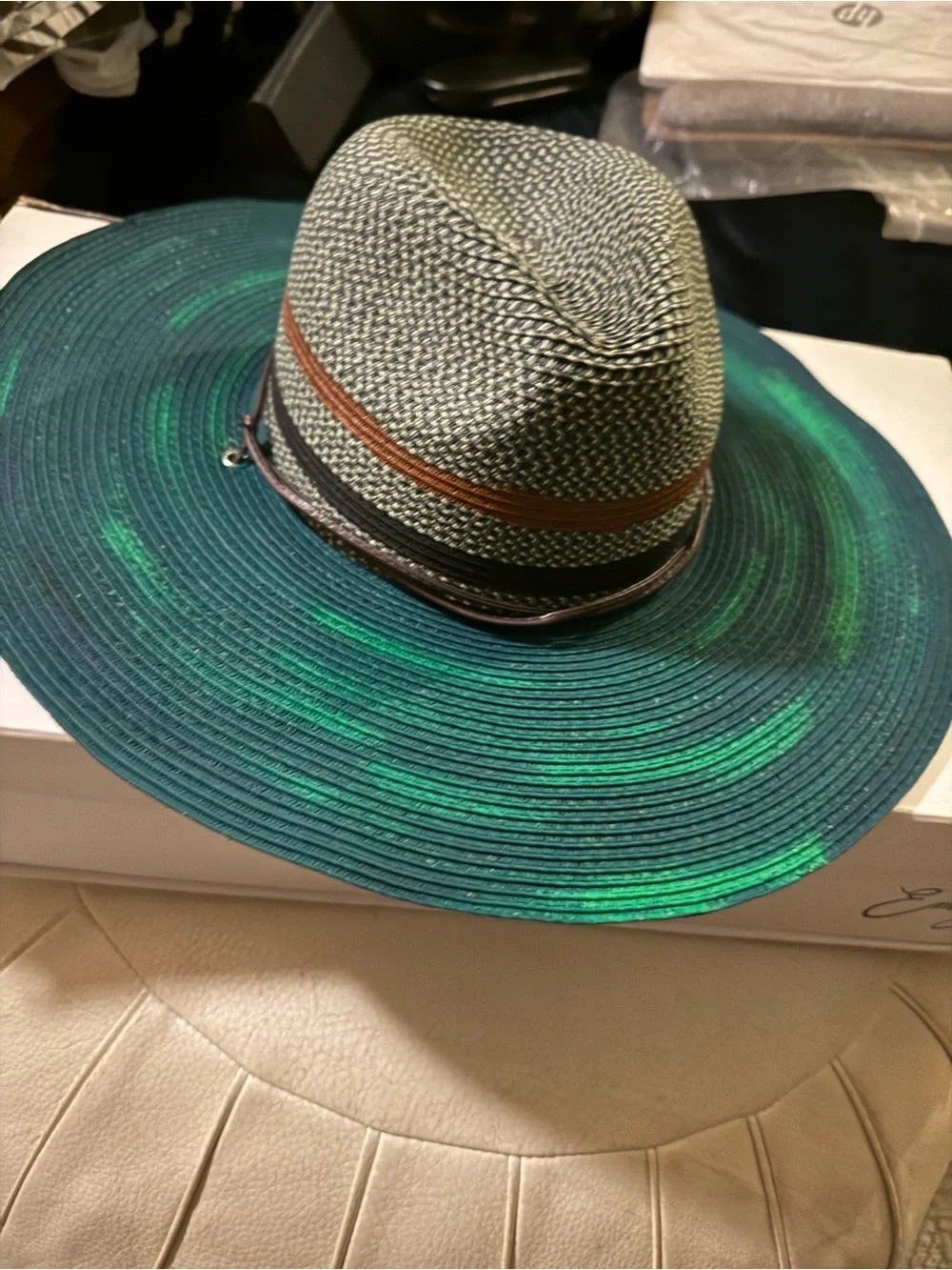 San Diego hand painted Wide-Brim Straw Fedora Hat - Green with Brown Trim